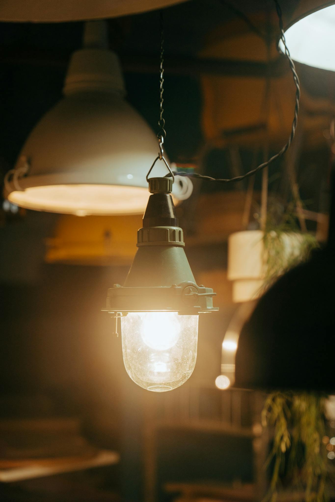 A warm vintage pendant light hangs in an interior setting, adding charm and ambiance.